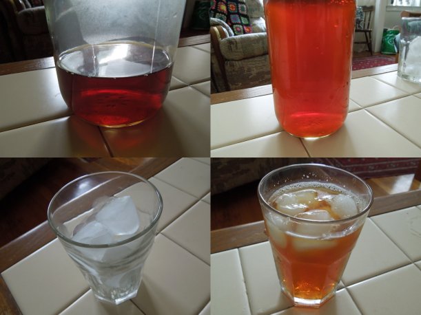 Four photos showing concentrated iced tea, diluted iced tea, a glass of ice, and a glass of iced tea